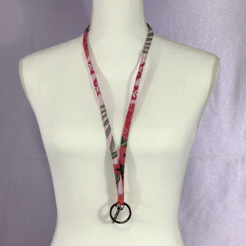 Vera Bradley Fabric Lanyard with Silver-Tone Key Ring & Clip – Pink/Floral Patte